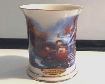 Porcelain Votive Holder, Thomas Kinkade, Evening at Swanbrooke Cottage, original box with candle, unused Prev owned, 2004