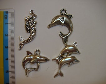 Ocean, Sea, Creatures, pewter charms, Mermaid, dolphins and shark  SC-01