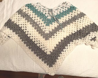 Ladies Poncho, XXL, Hand Crocheted, Aqua, Grey, & White