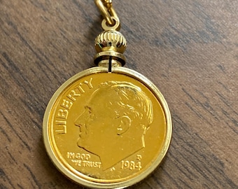 Gold plated, Roosevelt Dime, Gold plated bezel and 18” chain, 1984 D, US Coin