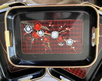 Lacquerware Japanese Serving Trays, Handpainted, 10.5” long x 7” wide