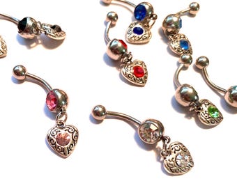 Belly, Naval Rings, Birthstone Heart Dangles, Surgical Steel, 16 mm