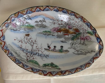 Geisha Girls in Boat, Hand Painted, Oriental, Nippon Era, 1891-1921, 7” L Oval Dish