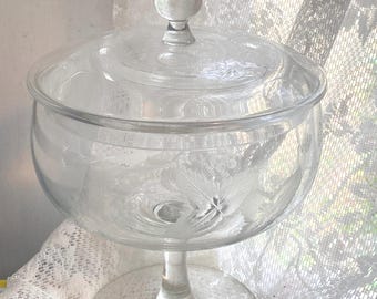 Bon-Bon or Candy Jar, Etched strawberries, Crystal, Dish with Lid
