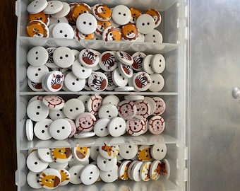 Wood Buttons, painted, assorted comical animals, 200 buttons in plastic case