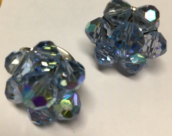 Laguna Earrings, 1960s, blue Aurora Borealis, glass beads, vintage