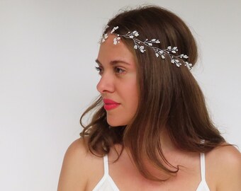 Bridal Hair Vine Wedding Headpiece With Pearls Silver Wedding Hair Accessory Wedding Hairpiece Baby's Breath Headband Dainty Flower Vine