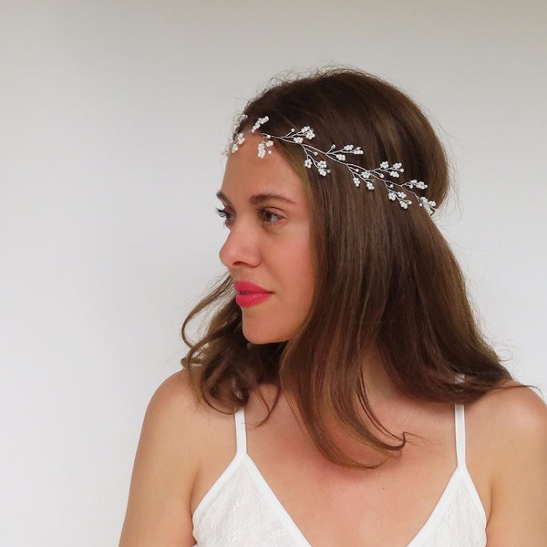 Bridal Hair Vine Wedding Headpiece With Pearls Silver Wedding Hair Accessory Wedding Hairpiece Baby's Breath Headband Dainty Flower Vine