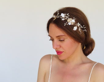 Flower Headband Gold Silver Headpiece Bridal Hairpiece Wedding Hair Accessories Pearl Bridal Hair Vine Crystal Rhinestone Headband Leaf Pink