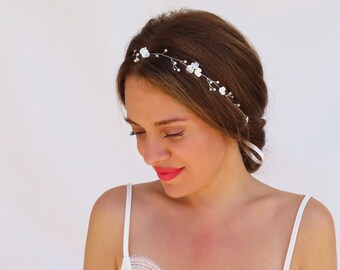 Silver Bridal Headband Flower Pearl Wedding Hair Vine Floral Bridal Headpiece Delicate Wedding Hair Accessories Dainty Hair Piece White