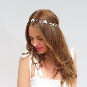 Silver Bridal Headband Flower Pearl Wedding Hair Vine Floral Bridal Headpiece Delicate Wedding Hair Accessories Dainty Hair Piece White image 2