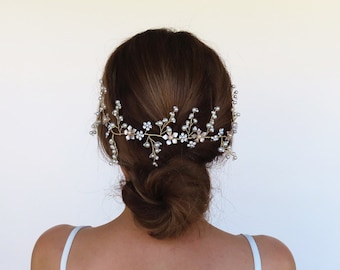 Bridal Floral Headband Wedding Headpiece Gold Bridal Hair Accessories Pearl Hair Vine Rhinestone Headband Wedding Crown Tiara Flower Bride