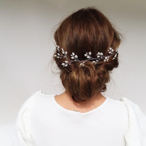 Bridal Hair Vine Wedding Headpiece With Pearls Silver Wedding Hair Accessory Wedding Hairpiece Baby's Breath Headband Dainty Flower Vine image 1