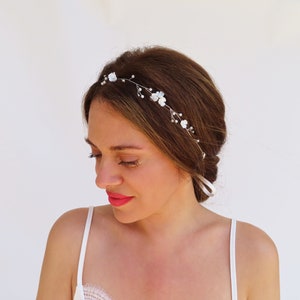 Silver Bridal Headband Flower Pearl Wedding Hair Vine Floral Bridal Headpiece Delicate Wedding Hair Accessories Dainty Hair Piece White image 7