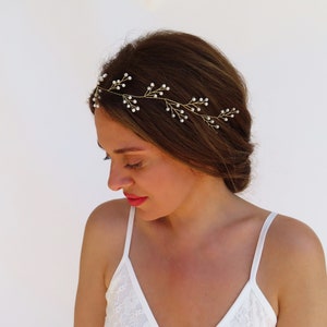 Gold Wedding Headband With Pearls Boho Wedding Simple Hair Vine For Bride Bridal Headpiece Delicate Bridal Backpiece Wedding Hair Accessory image 6