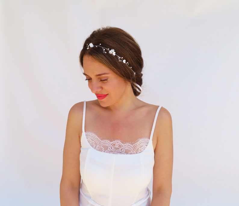 Silver Bridal Headband Flower Pearl Wedding Hair Vine Floral Bridal Headpiece Delicate Wedding Hair Accessories Dainty Hair Piece White image 8