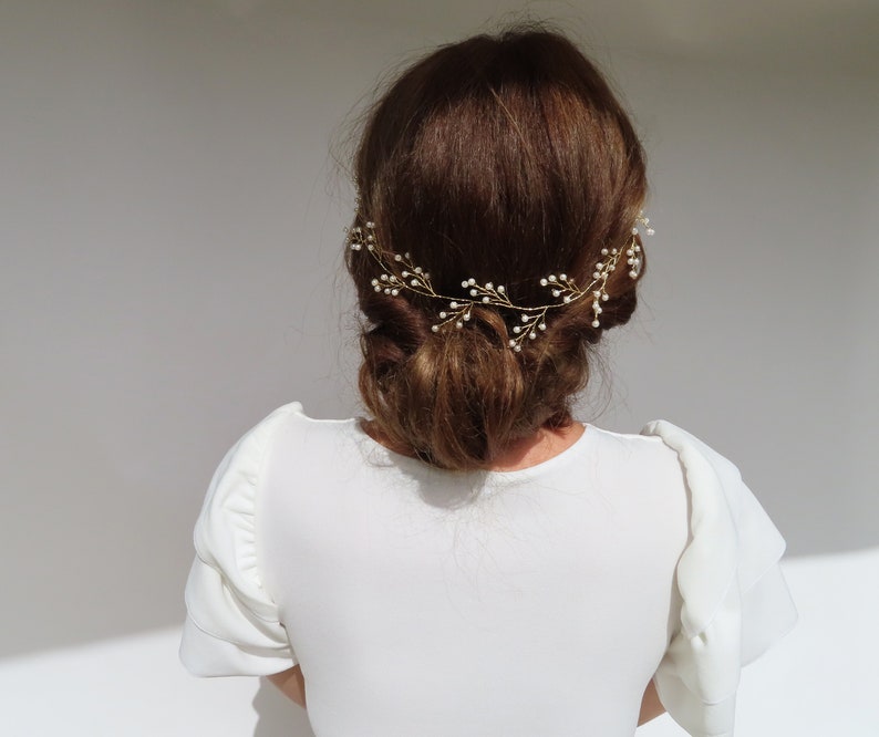 Gold Wedding Headband With Pearls Boho Wedding Simple Hair Vine For Bride Bridal Headpiece Delicate Bridal Backpiece Wedding Hair Accessory image 5