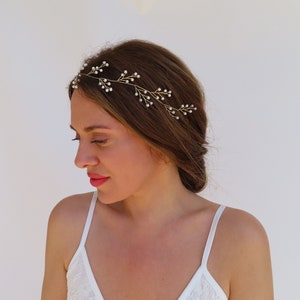 Gold Wedding Headband With Pearls Boho Wedding Simple Hair Vine For Bride Bridal Headpiece Delicate Bridal Backpiece Wedding Hair Accessory image 2