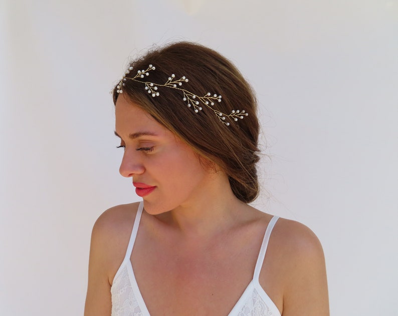 Gold Wedding Headband With Pearls Boho Wedding Simple Hair Vine For Bride Bridal Headpiece Delicate Bridal Backpiece Wedding Hair Accessory image 2