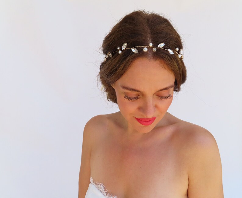 Wedding Hair Vine Gold Rhinestone Headband Pearl Bridal Headpiece Crystal Bridal Headband Delicate Wedding Hair Piece Pearl Hair Vine Updo image 4