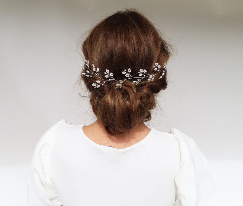 Bridal Hair Vine Wedding Headpiece With Pearls Silver Wedding Hair Accessory Wedding Hairpiece Baby's Breath Headband Dainty Flower Vine image 1