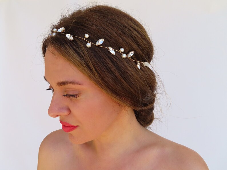 Wedding Hair Vine Gold Rhinestone Headband Pearl Bridal Headpiece Crystal Bridal Headband Delicate Wedding Hair Piece Pearl Hair Vine Updo image 8