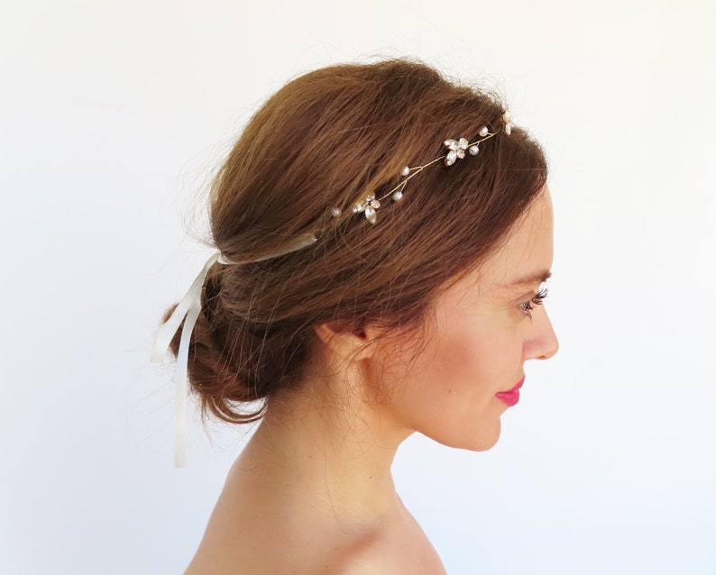 Wedding Headpiece With Pearls Gold Rhinestone Headband Hair Vine For Wedding Bridal Hair Accessories Crystal Hair Piece Beach Wedding Bride image 3