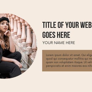 May include: A woman wearing a black beret and a black blazer sits on a set of stairs. The background is a light brown wall with a white railing. The text "TITLE OF YOUR WEBINAR GOES HERE YOUR NAME HERE" is displayed in black text on a light brown background. The text "Lorem ipsum dolor sit amet. Qui eligendi quod qui consequatur mollitia qui magni quam non voluptatem itaque. Ut velit perspiciatis et enim maiores eos nihil sunt." is displayed in black text on a light brown background. The text "www.yourwebsite.com" is displayed in black text on a brown background.