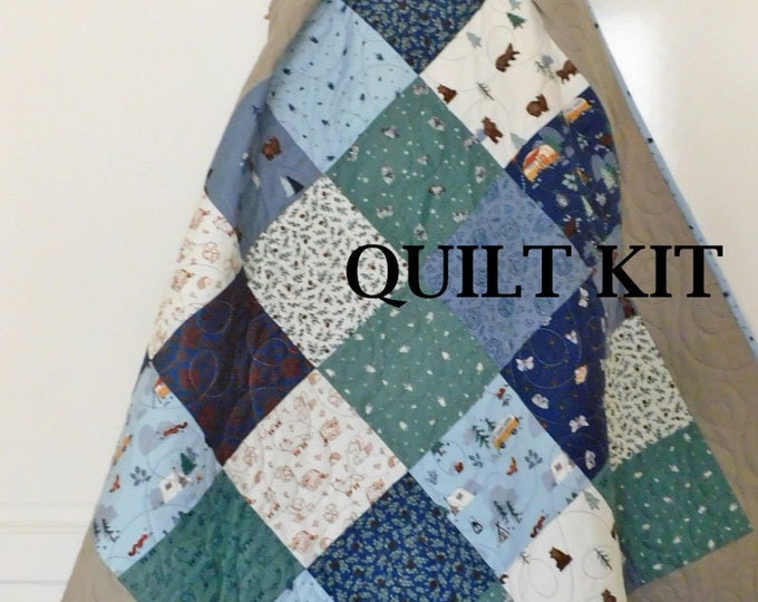 Baby Boy Quilt Kit, Woodland Camping Forest Animals Bears Woodland