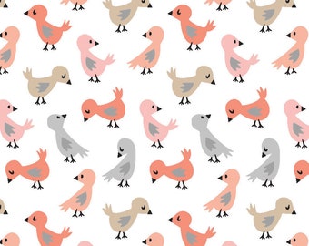 Fabric By The Half Yard, Dwelling White With Pink Coral and Gray Birds 100% Cotton Baby Quilts, Children's Clothing