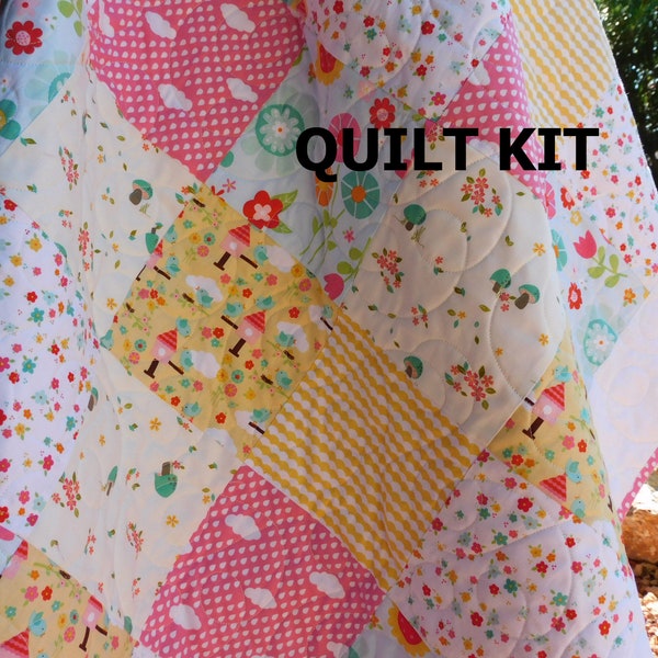 Baby Girl Quilt Kit, Bloom, Sweet Flowers, Birds and Birdhouses , Clouds Rain Drops  Pink Yellow White Aqua Nursery Quilt Baby Shower Gift