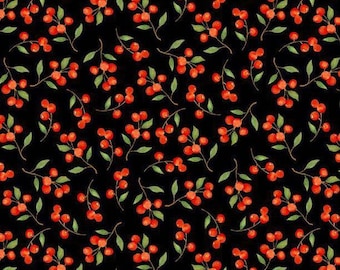 Puede incluir: Un patrón sin costuras que presenta pequeñas bayas rojas con hojas verdes sobre un fondo negro.