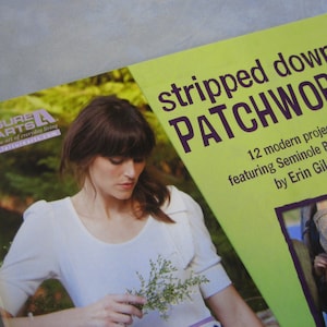 May include: A book cover with a green background and the title "stripped down PATCHWORK" in purple text. The book features 12 modern projects featuring Seminole Patchwork by Erin Gilday.