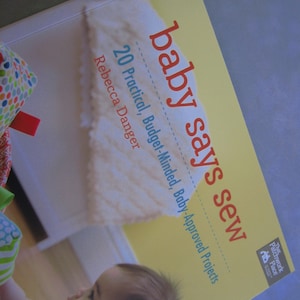 May include: A yellow book titled "baby says sew" with the subtitle "20 Practical, Budget-Minded, Baby-Approved Projects" by Rebecca Danger. The book cover features a baby in the bottom right corner.