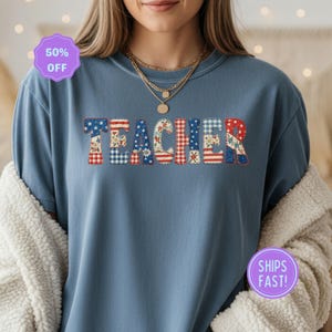 Comfort Colors Teacher Shirt - Faux Patchwork Quilt Graphic Tee for Educators, Patriotic Classroom Gift