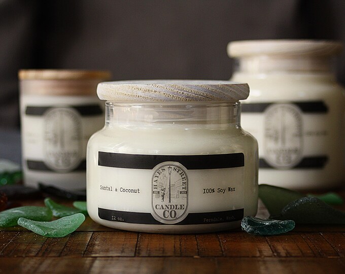 Santal & Coconut Soy Wax Candle - Double Wick - 12 oz - Apothecary Jar with Pine Lid
