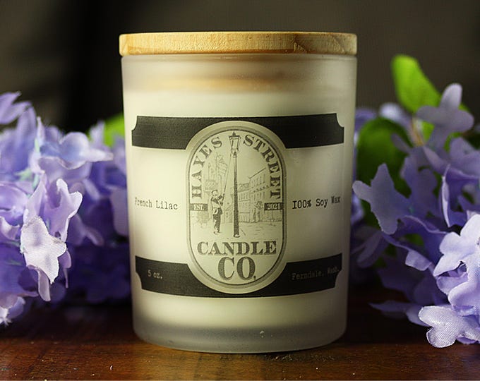 French Lilac 100% Soy Wax Candle - Single Wick - 5 oz - Straight Side Jar with Wooden Lid - Hand-poured in Ferndale, WA