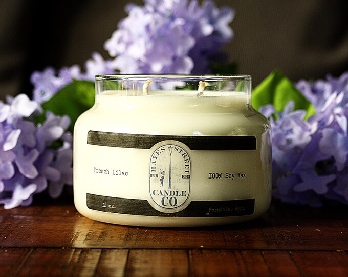 French Lilac 100% Soy Wax Candle - Double Wick - 12 oz - Apothecary Jar with Pine Lid