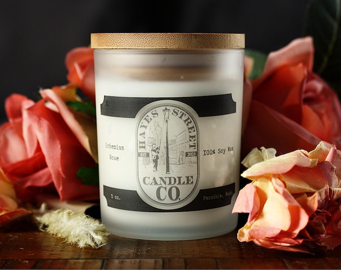 Bohemian Rose 100% Soy Wax Candle - Single Wick - 5 oz - Straight Side Jar with Wooden Lid - Hand-poured in Ferndale, WA