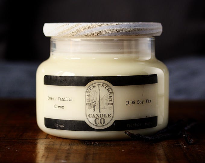 Sweet Vanilla Cream 100% Soy Wax Candle - Double Wick - 12 oz - Apothecary Jar with Pine Lid