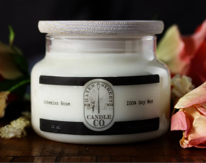 Bohemian Rose 100% Soy Wax Candle - Double Wick - 12 oz - Apothecary Jar with Wooden Lid - Hand-poured in Ferndale, WA