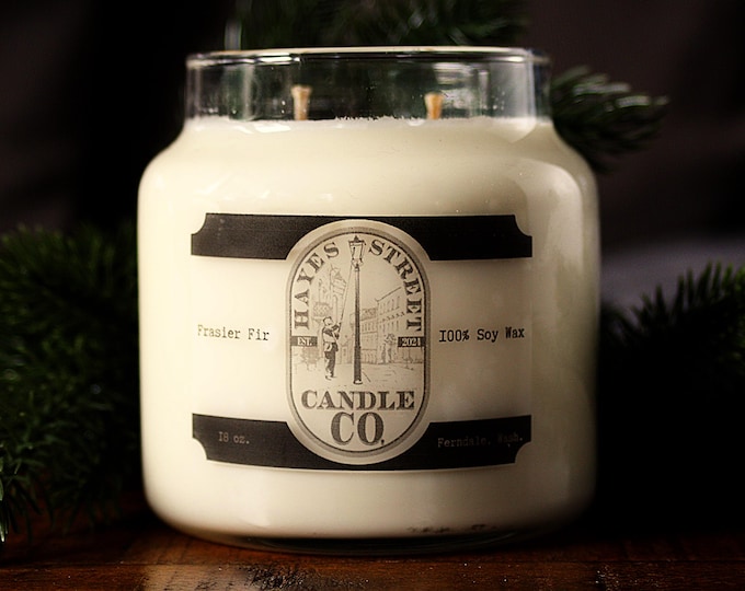 Frasier Fir 100% Soy Wax Candle - Double Wick - 18 oz - Apothecary Jar with Wooden Lid - Hand-poured in Ferndale, WA