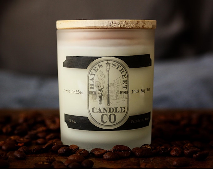 Fresh Coffee 100% Soy Wax Candle - Single Wick - 5 oz - Straight Side Jar with Wooden Lid - Hand-poured in Ferndale, WA