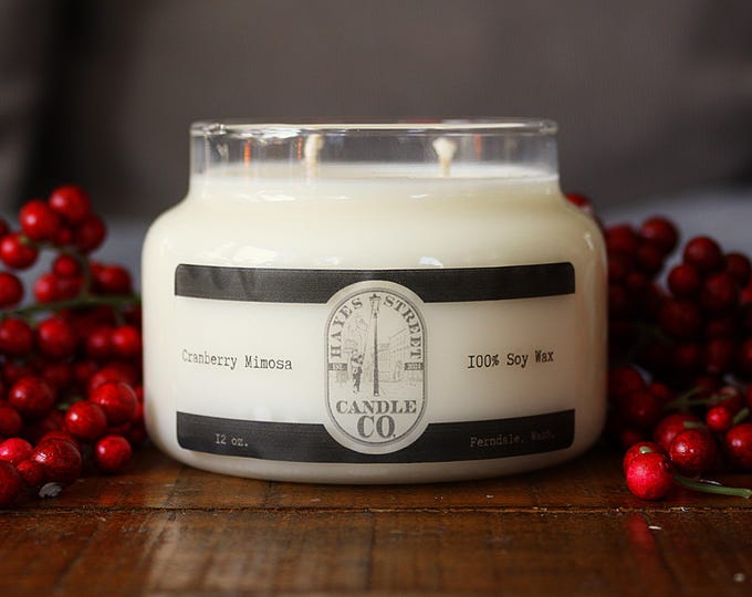 Cranberry Mimosa 100% Soy Wax Candle - Double Wick - 12 oz - Apothecary Jar with Wooden Lid - Hand-poured in Ferndale, WA
