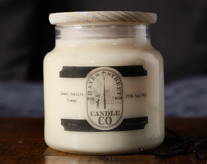 Sweet Vanilla Cream 100% Soy Wax Candle - Double Wick - 18 oz - Apothecary Jar with Pine Lid