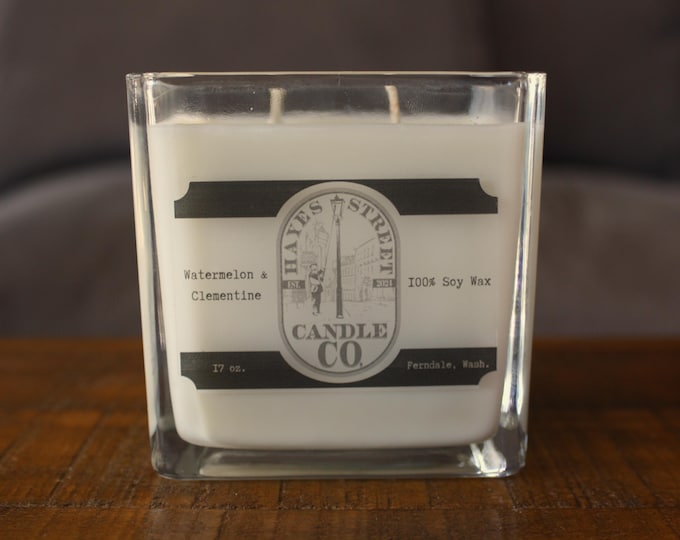 Watermelon & Clementine 100% Soy Wax Candle - Square Jar - Double Wick - 17oz
