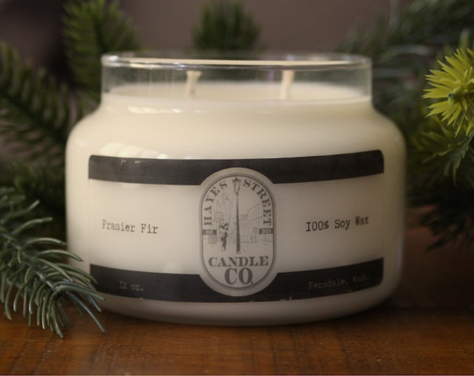Frasier Fir 100% Soy Wax Candle - Double Wick - 12 oz - Apothecary Jar with Wooden Lid - Hand-poured in Ferndale, WA