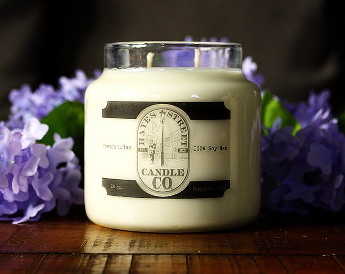 French Lilac 100% Soy Wax Candle - Double Wick - 18 oz - Apothecary Jar with Pine Lid