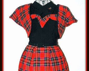 SALE.....Atomic Retro Red Plaid Print Holiday X Halter Dress with Matching Bolero..... Size M