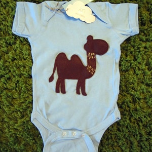 May include: A light blue baby onesie with a brown felt camel applique. The onesie has a tag that says "mi cielo".